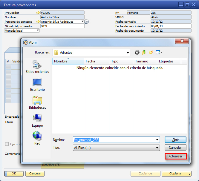 Actualizar en adjuntos de factura de proveedores en SAP Business One Actualizar en adjuntos de factura de proveedores en SAP Business One